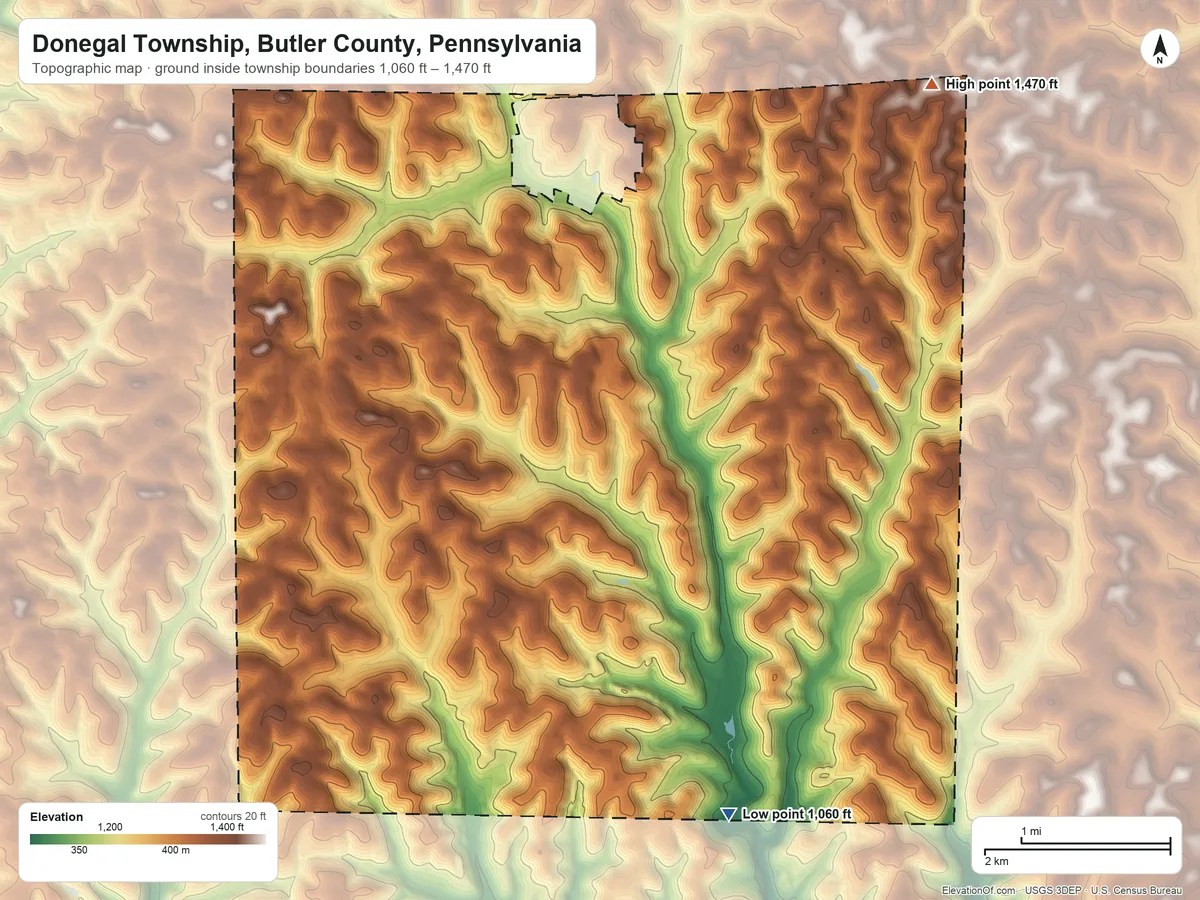 Topographic elevation map of Donegal Township, Butler County, Pennsylvania, shaded from 1,060 ft on the southeast side to 1,470 ft on the northeast side
