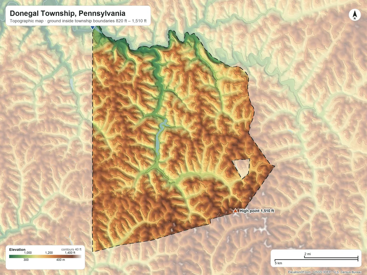 Topographic elevation map of Donegal Township, Pennsylvania, shaded from 820 ft on the northwest side to 1,510 ft on the southeast side