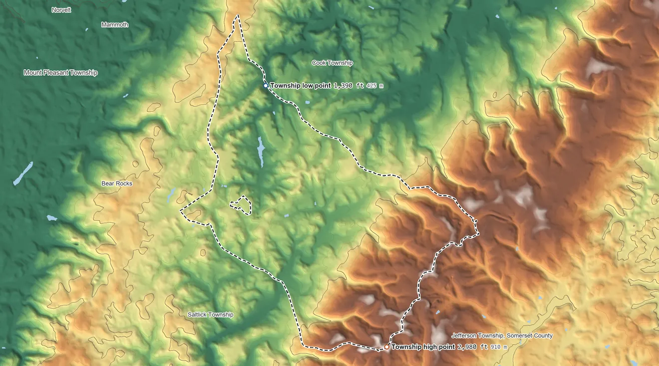 Topographic elevation map of Donegal Township, Westmoreland County, Pennsylvania, shaded from 1,390 ft on the north side to 2,980 ft on the southeast side
