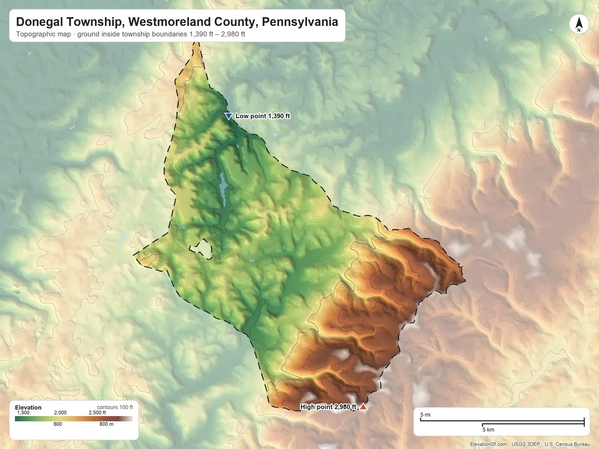 Topographic elevation map of Donegal Township, Westmoreland County, Pennsylvania, shaded from 1,390 ft on the north side to 2,980 ft on the southeast side