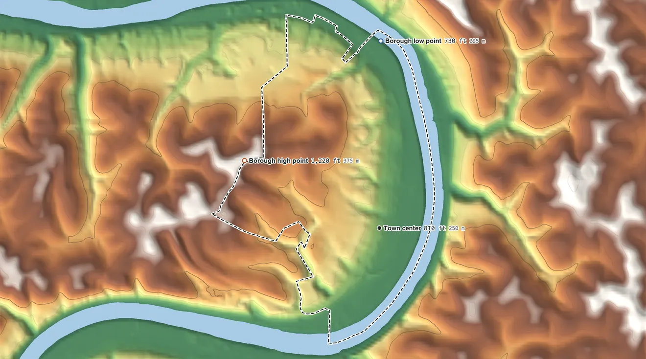 Topographic elevation map of Donora, Pennsylvania, shaded from 730 ft on the north side to 1,220 ft on the northwest side