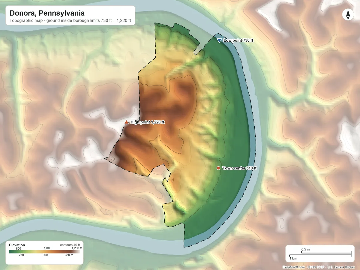 Topographic elevation map of Donora, Pennsylvania, shaded from 730 ft on the north side to 1,220 ft on the northwest side