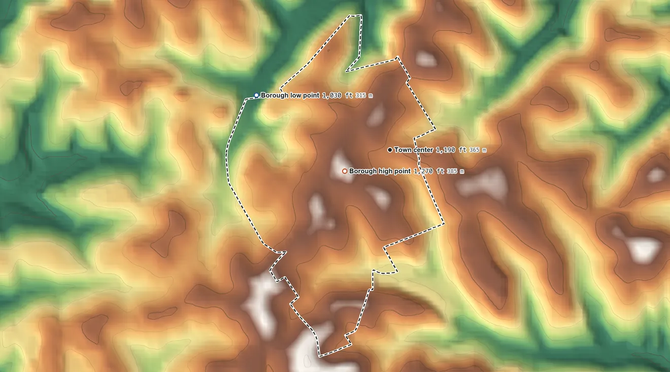 Topographic elevation map of Dormont, Pennsylvania, shaded from 1,030 ft on the west side to 1,270 ft on the southwest side