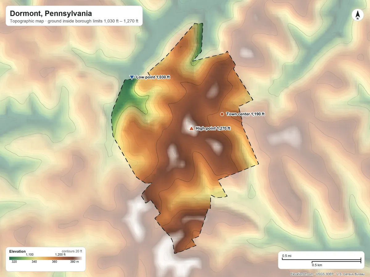 Topographic elevation map of Dormont, Pennsylvania, shaded from 1,030 ft on the west side to 1,270 ft on the southwest side