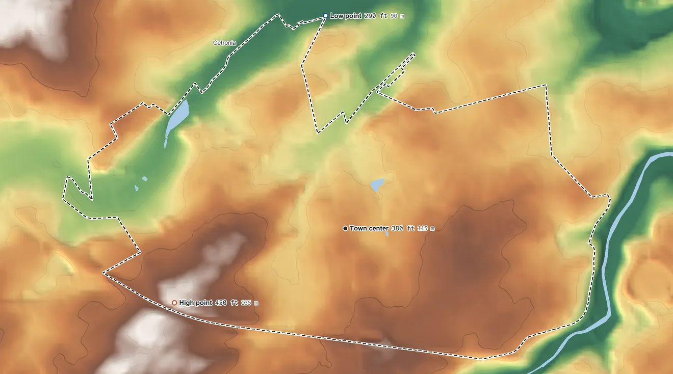 Topographic elevation map of Dorneyville, Pennsylvania, shaded from 290 ft on the north side to 450 ft on the southwest side