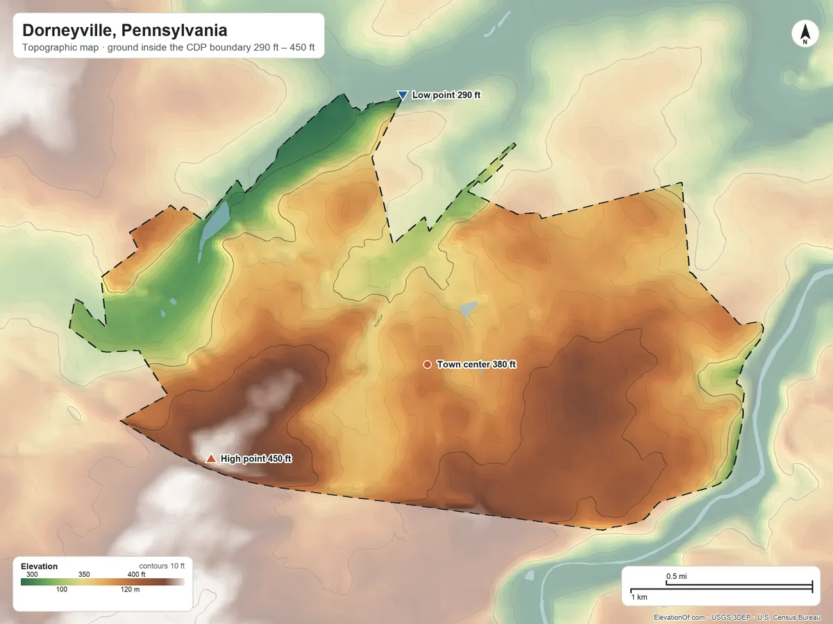Topographic elevation map of Dorneyville, Pennsylvania, shaded from 290 ft on the north side to 450 ft on the southwest side