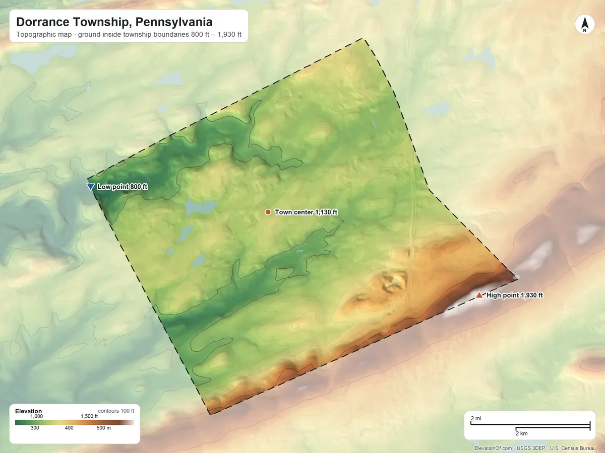 Topographic elevation map of Dorrance Township, Pennsylvania, shaded from 800 ft on the west side to 1,930 ft on the east side