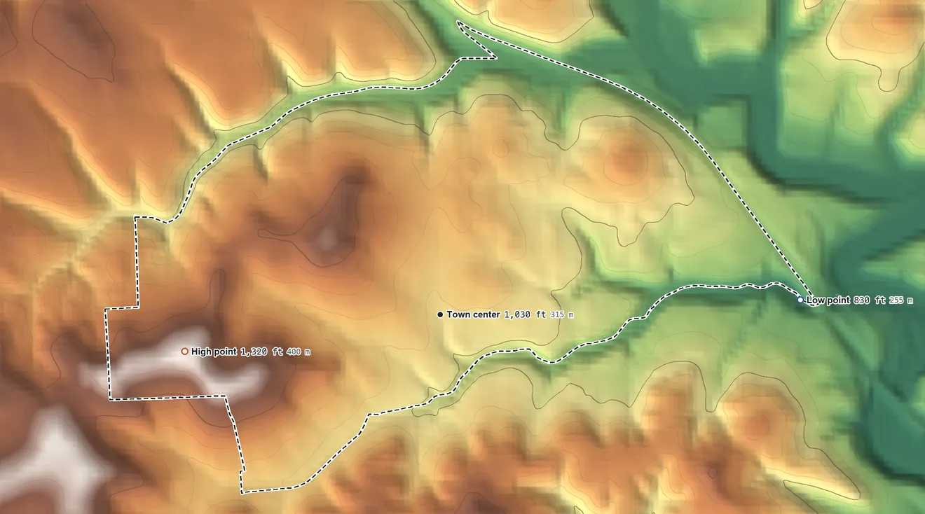 Topographic elevation map of Dorseyville, Pennsylvania, shaded from 830 ft on the east side to 1,320 ft on the west side