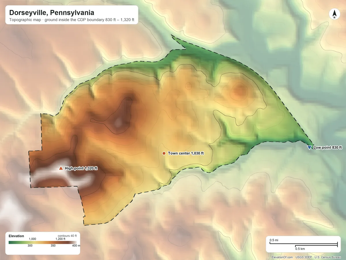 Topographic elevation map of Dorseyville, Pennsylvania, shaded from 830 ft on the east side to 1,320 ft on the west side