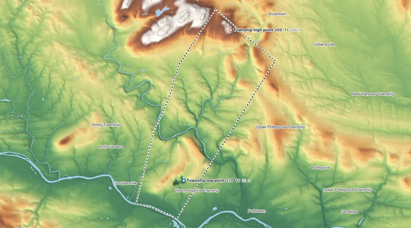 Topographic elevation map of Douglass Township, Berks County, Pennsylvania, shaded from 120 ft on the south side to 800 ft on the north side
