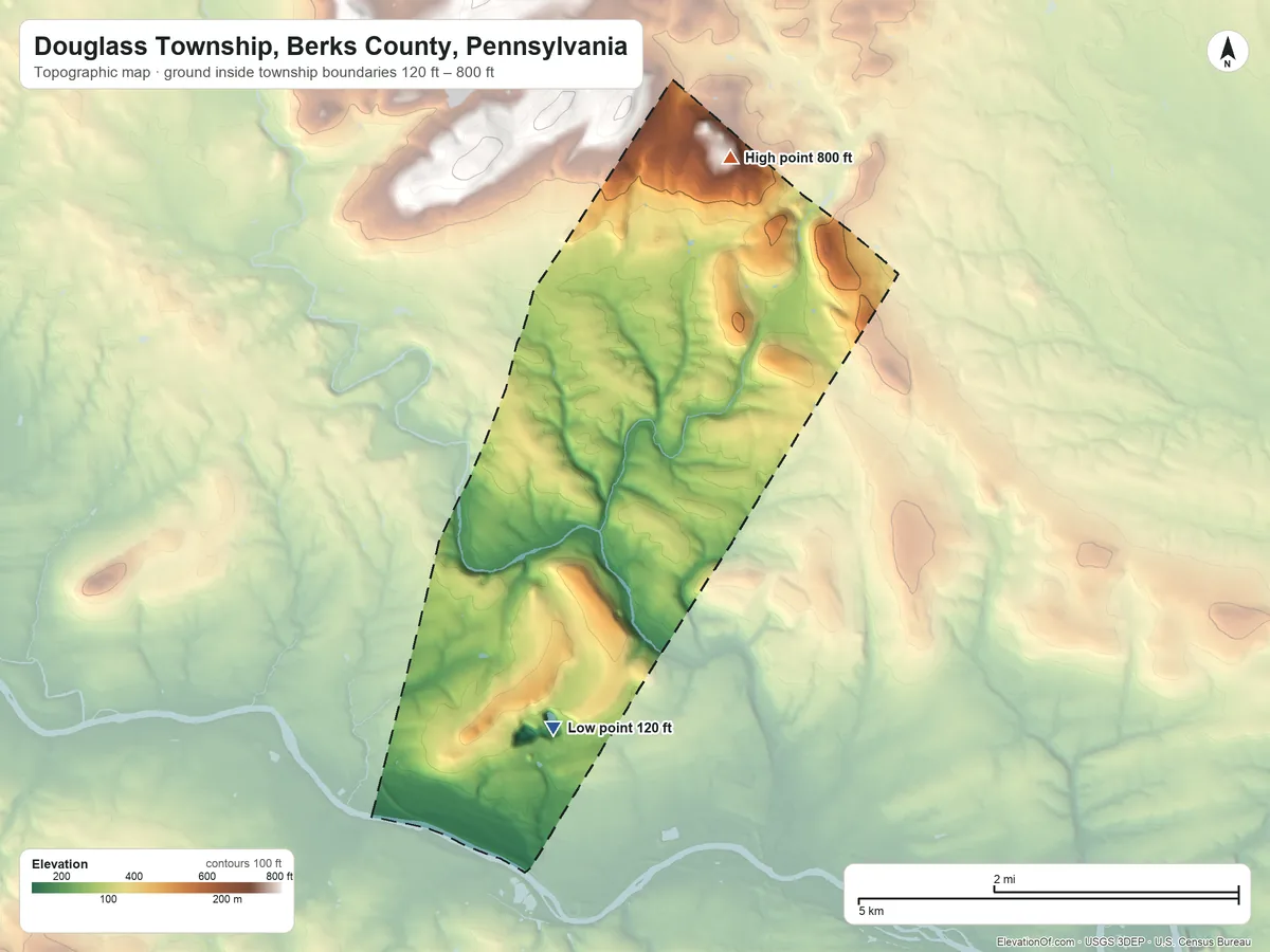 Topographic elevation map of Douglass Township, Berks County, Pennsylvania, shaded from 120 ft on the south side to 800 ft on the north side