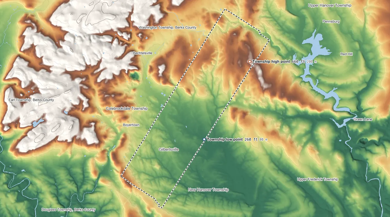 Topographic elevation map of Douglass Township, Pennsylvania, shaded from 260 ft on the east side to 660 ft on the northeast side
