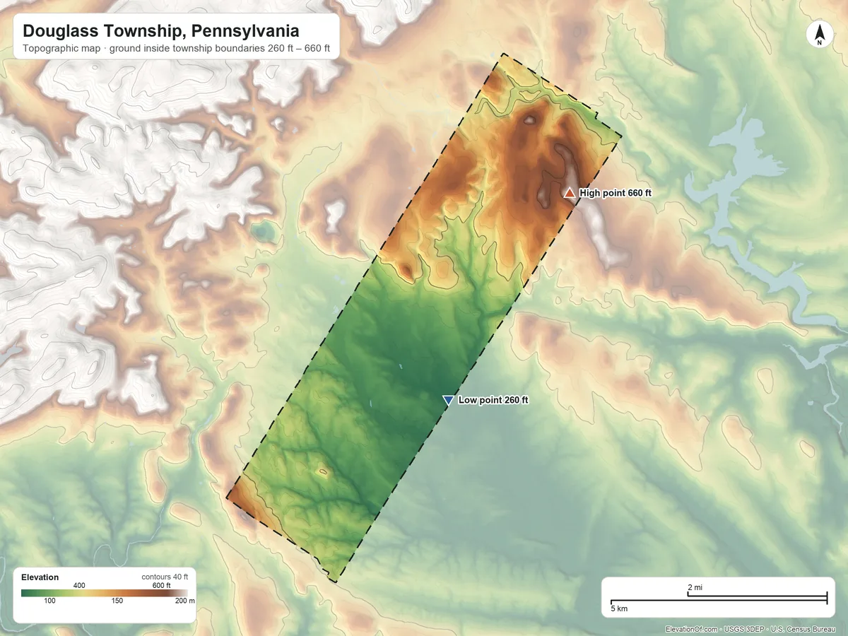 Topographic elevation map of Douglass Township, Pennsylvania, shaded from 260 ft on the east side to 660 ft on the northeast side