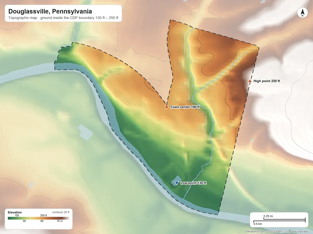 Topographic elevation map of Douglassville, Pennsylvania, shaded from 130 ft on the south side to 250 ft on the east side