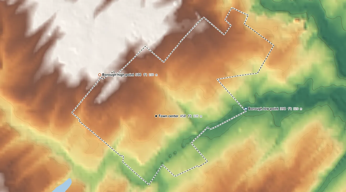 Topographic elevation map of Dover, Pennsylvania, shaded from 390 ft on the east side to 500 ft at the foot of the Conewago Mountains