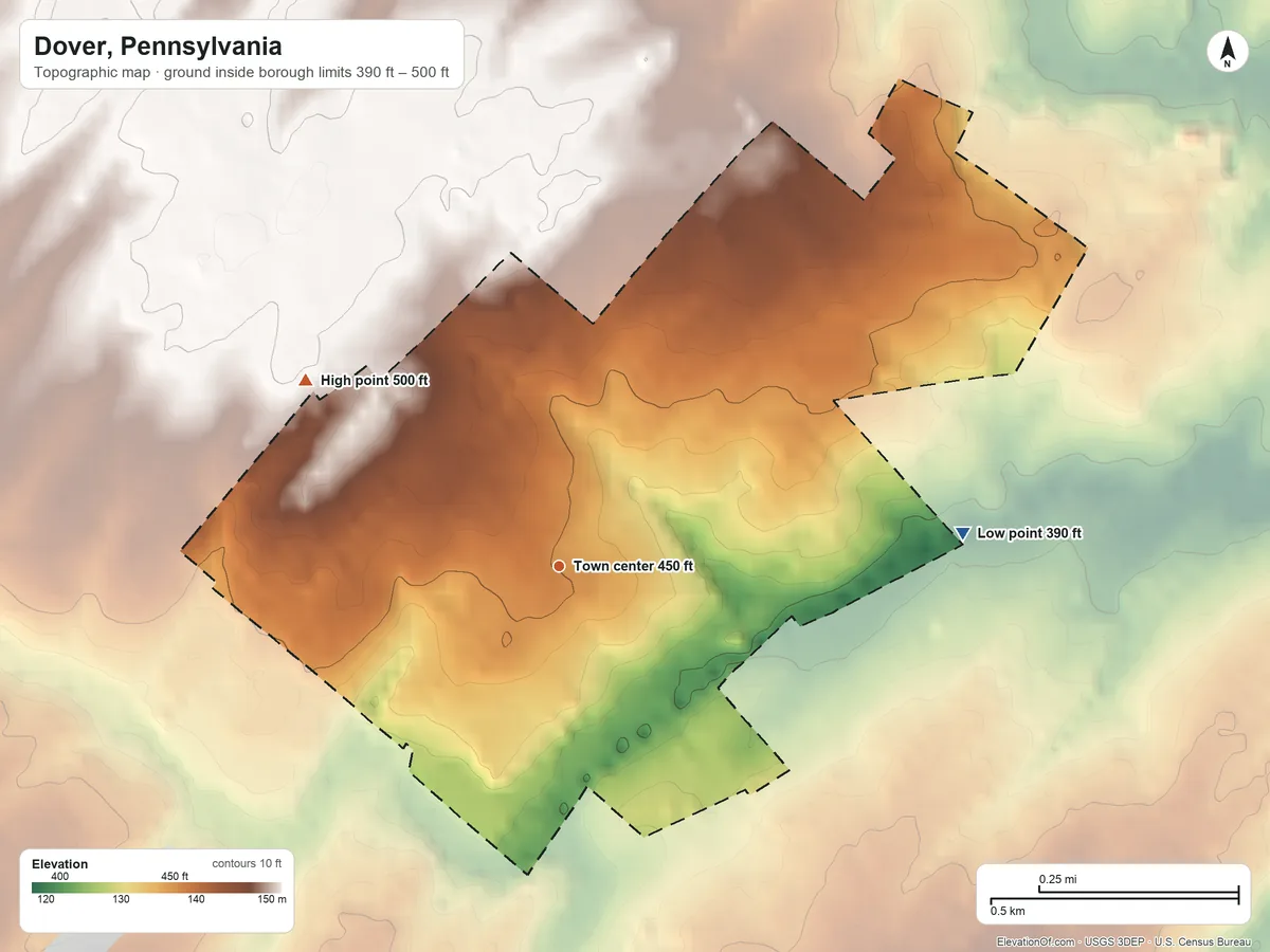 Topographic elevation map of Dover, Pennsylvania, shaded from 390 ft on the east side to 500 ft at the foot of the Conewago Mountains