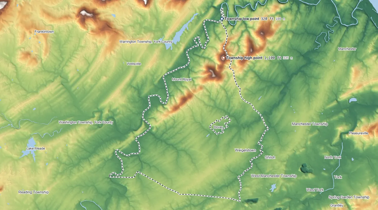 Topographic elevation map of Dover Township, Pennsylvania, shaded from 320 ft on the north side to 1,100 ft on the north side