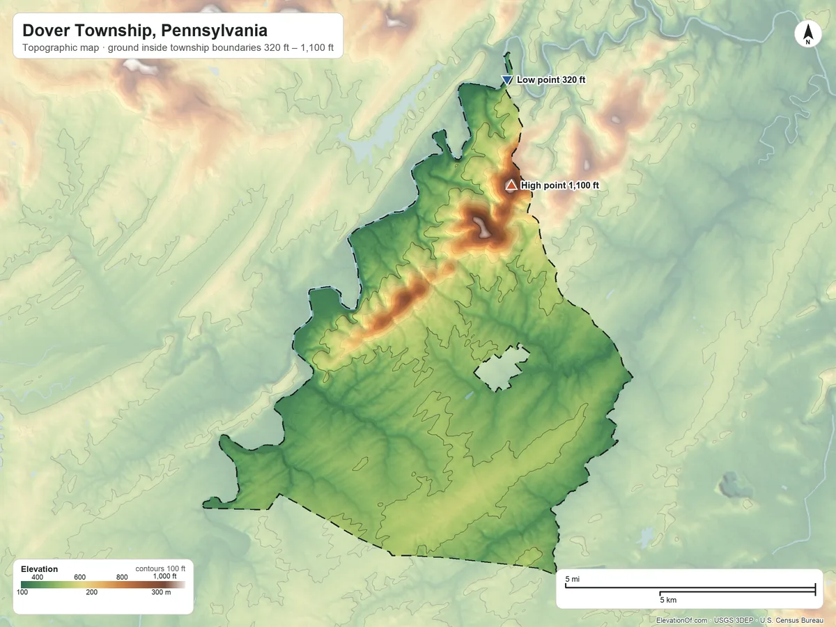 Topographic elevation map of Dover Township, Pennsylvania, shaded from 320 ft on the north side to 1,100 ft on the north side