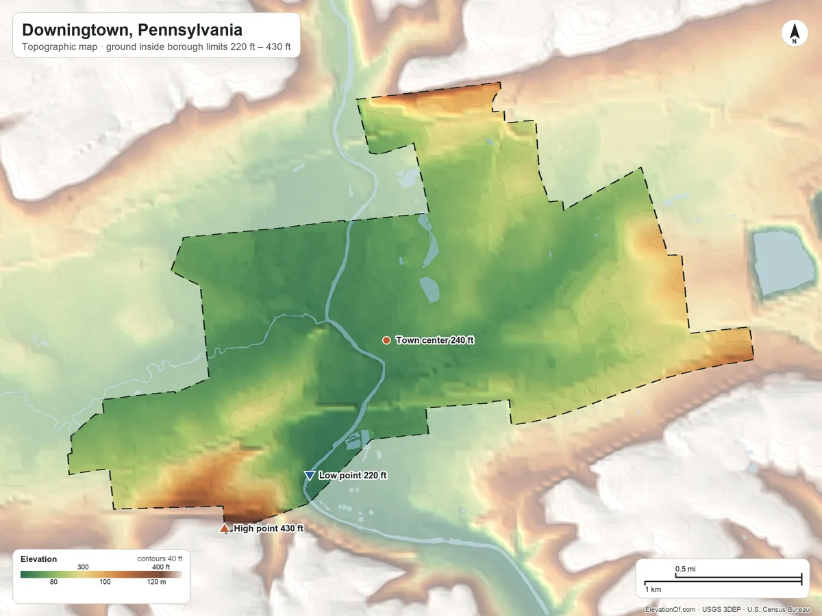 Topographic elevation map of Downingtown, Pennsylvania, shaded from 220 ft on the southwest side to 430 ft on the southwest side