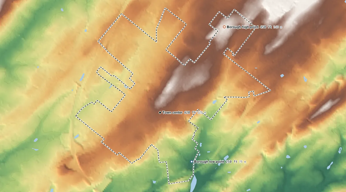 Topographic elevation map of Doylestown, Pennsylvania, shaded from 250 ft on the southeast side to 450 ft on the northeast side