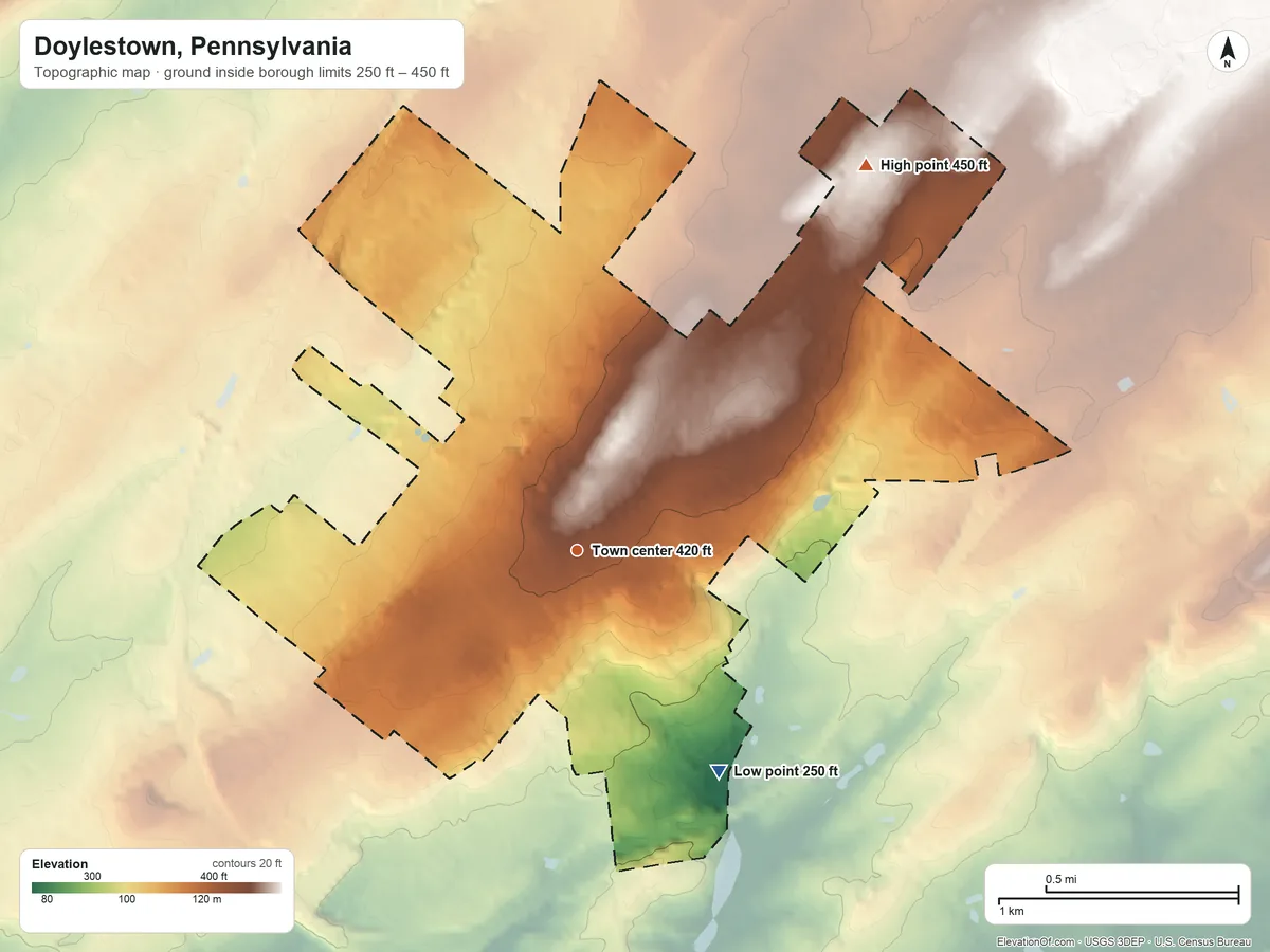 Topographic elevation map of Doylestown, Pennsylvania, shaded from 250 ft on the southeast side to 450 ft on the northeast side