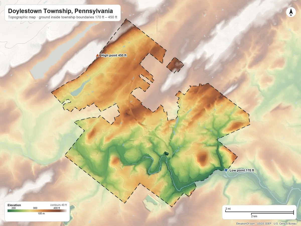 Topographic elevation map of Doylestown Township, Pennsylvania, shaded from 170 ft on the southeast side to 450 ft on the northwest side