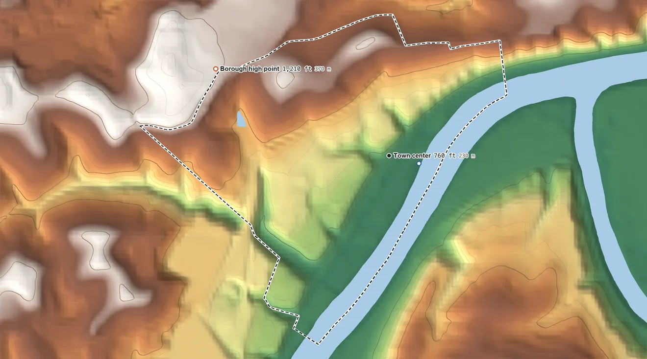 Topographic elevation map of Dravosburg, Pennsylvania, shaded from 730 ft near the middle to 1,210 ft on the northwest side