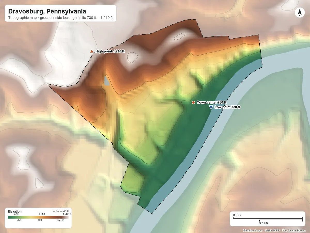 Topographic elevation map of Dravosburg, Pennsylvania, shaded from 730 ft near the middle to 1,210 ft on the northwest side