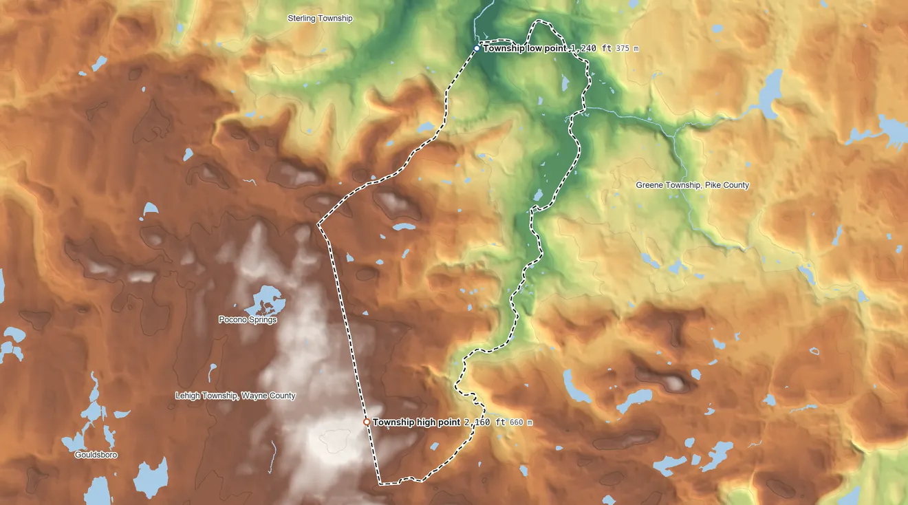 Topographic elevation map of Dreher Township, Pennsylvania, shaded from 1,240 ft on the north side to 2,160 ft on the southwest side