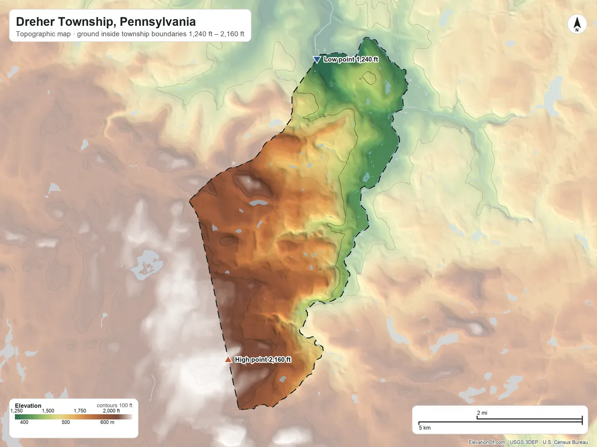 Topographic elevation map of Dreher Township, Pennsylvania, shaded from 1,240 ft on the north side to 2,160 ft on the southwest side