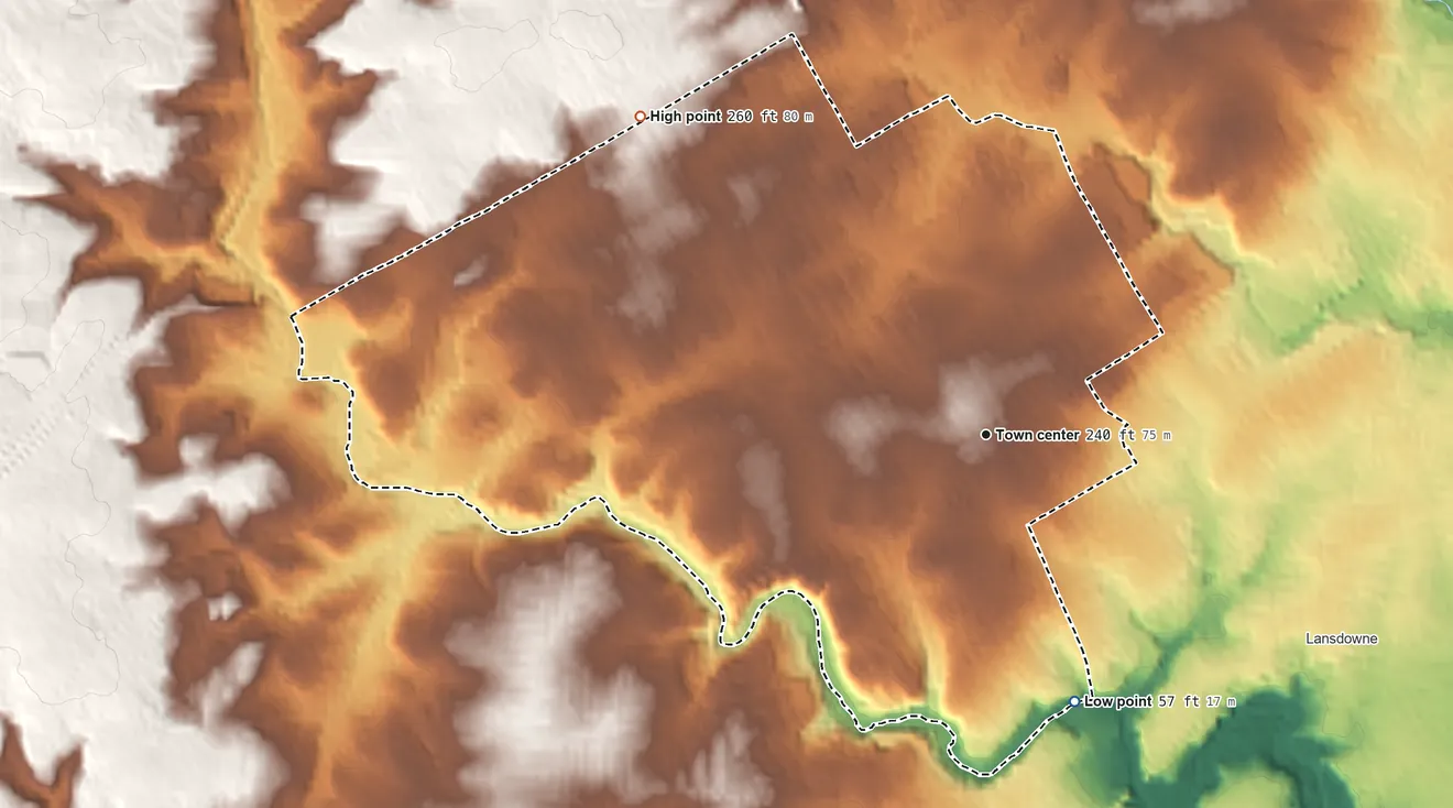 Topographic elevation map of Drexel Hill, Pennsylvania, shaded from 57 ft on the south side to 260 ft on the northwest side