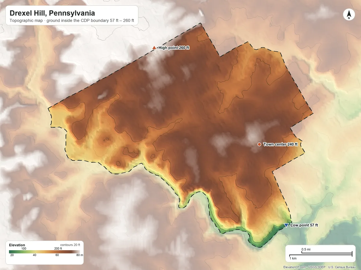 Topographic elevation map of Drexel Hill, Pennsylvania, shaded from 57 ft on the south side to 260 ft on the northwest side