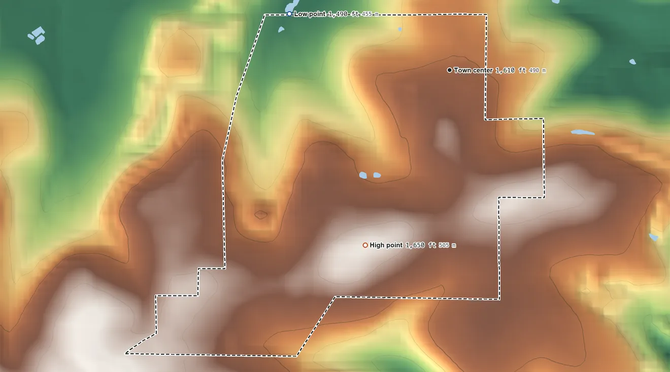 Topographic elevation map of Drifting, Pennsylvania, shaded from 1,490 ft on the west side to 1,650 ft on the southwest side