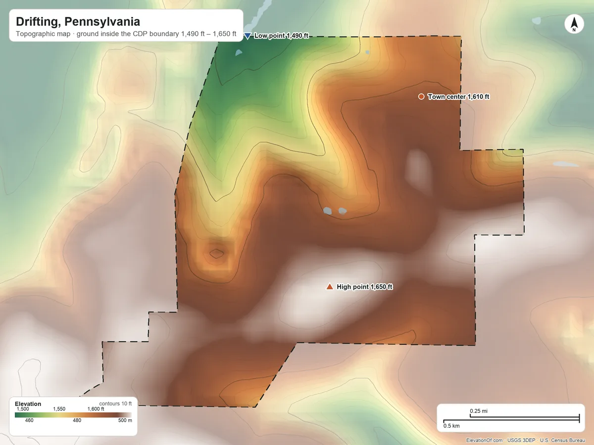 Topographic elevation map of Drifting, Pennsylvania, shaded from 1,490 ft on the west side to 1,650 ft on the southwest side