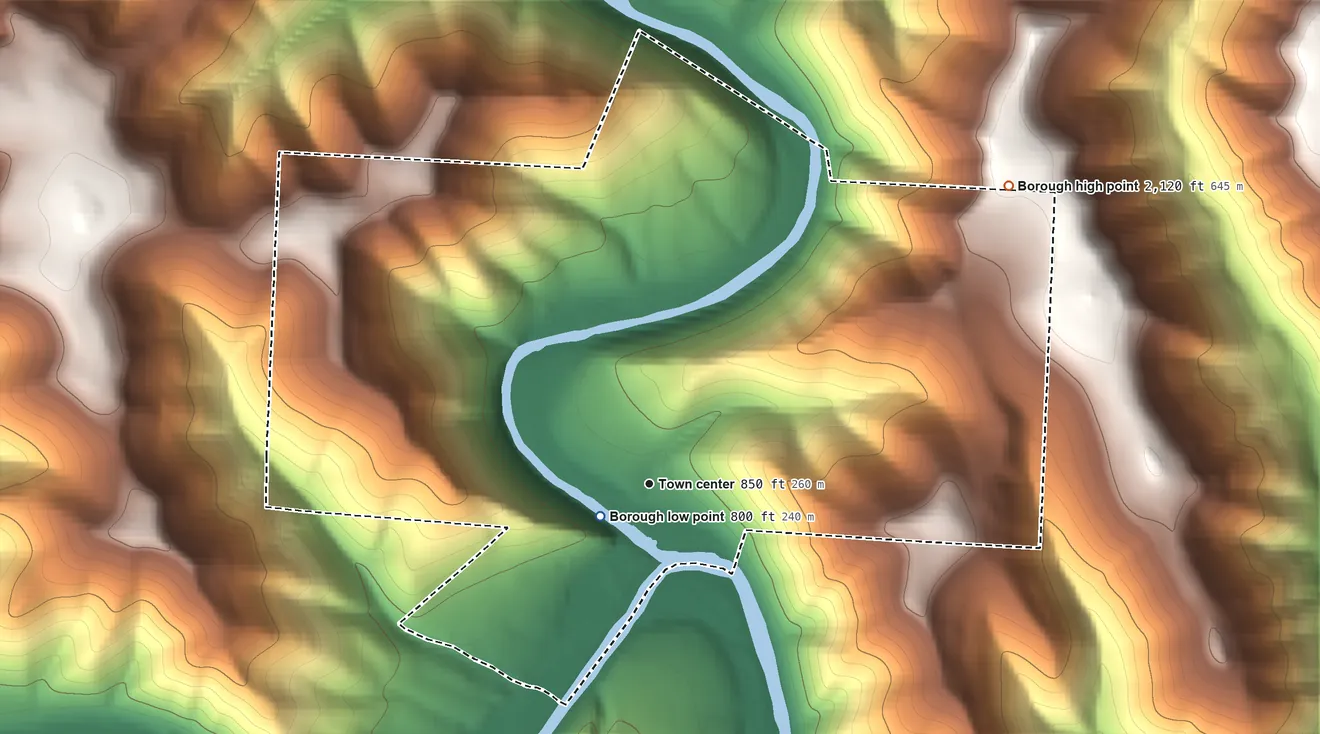 Topographic elevation map of Driftwood, Pennsylvania, shaded from 800 ft near the middle to 2,120 ft on the northeast side