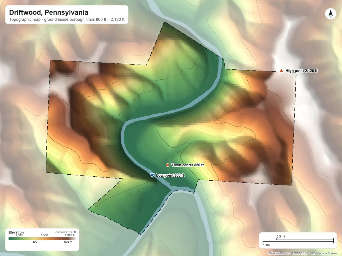 Topographic elevation map of Driftwood, Pennsylvania, shaded from 800 ft near the middle to 2,120 ft on the northeast side