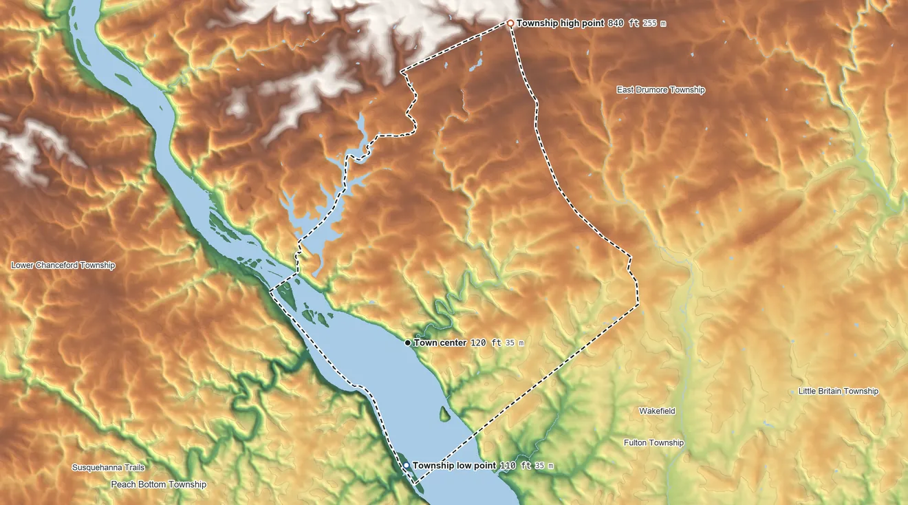 Topographic elevation map of Drumore Township, Pennsylvania, shaded from 110 ft on the south side to 840 ft on the north side