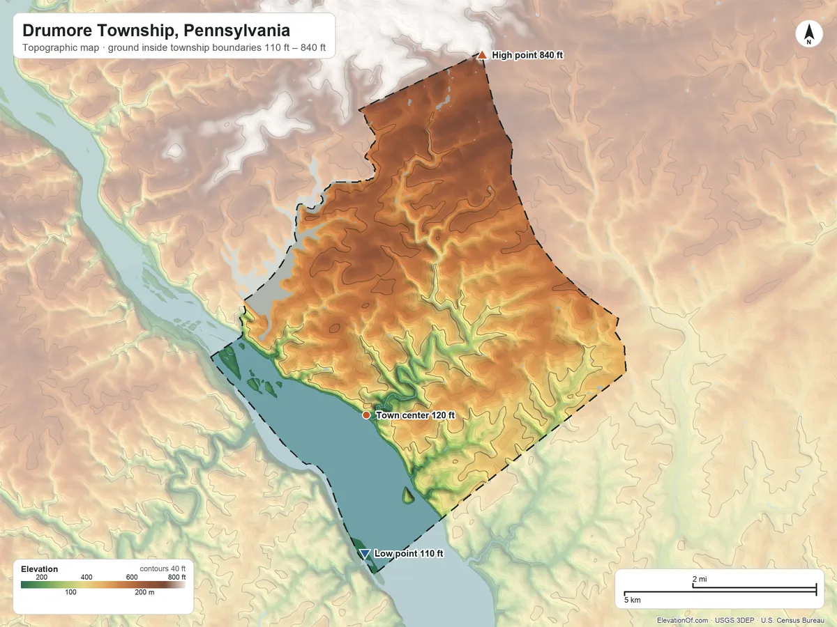 Topographic elevation map of Drumore Township, Pennsylvania, shaded from 110 ft on the south side to 840 ft on the north side