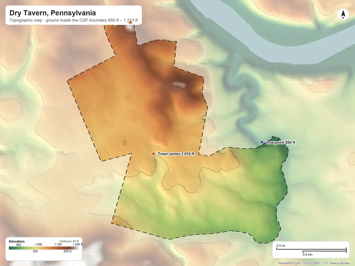 Topographic elevation map of Dry Tavern, Pennsylvania, shaded from 850 ft on the east side to 1,210 ft on the north side