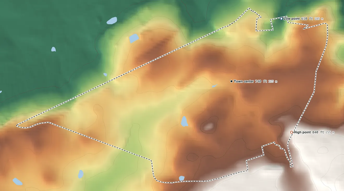 Topographic elevation map of Dryville, Pennsylvania, shaded from 610 ft on the northeast side to 840 ft on the southeast side