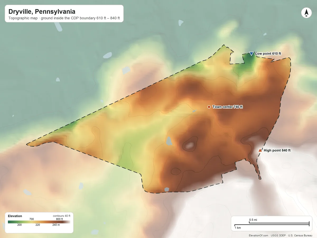 Topographic elevation map of Dryville, Pennsylvania, shaded from 610 ft on the northeast side to 840 ft on the southeast side