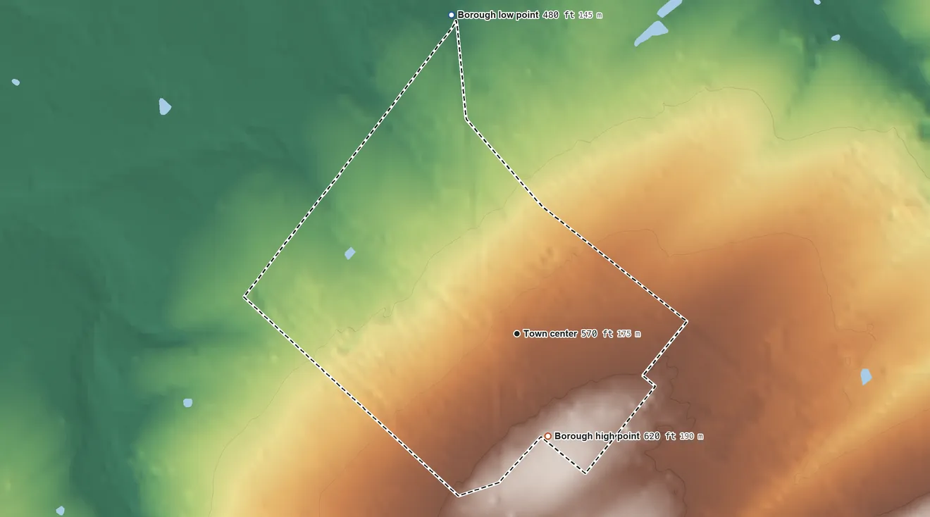 Topographic elevation map of Dublin, Pennsylvania, shaded from 480 ft on the north side to 620 ft on the south side