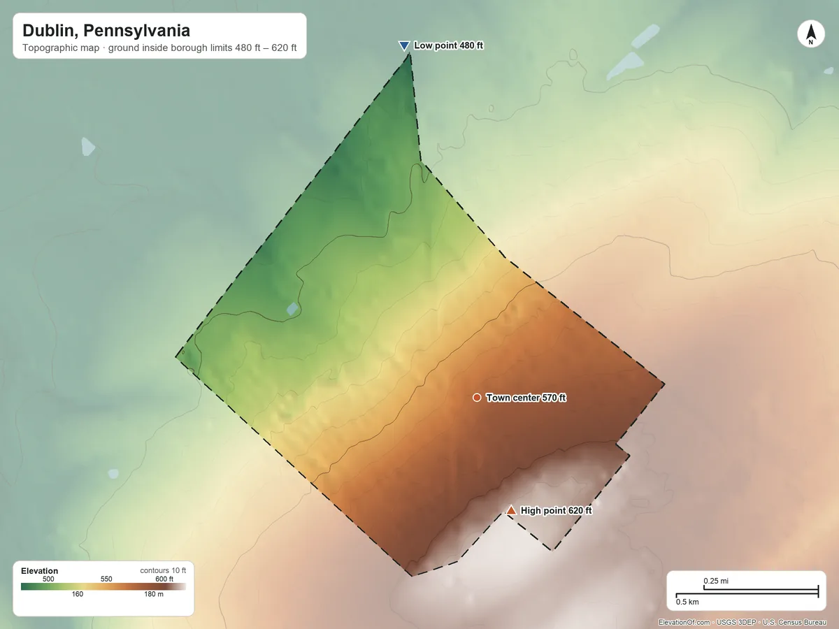 Topographic elevation map of Dublin, Pennsylvania, shaded from 480 ft on the north side to 620 ft on the south side