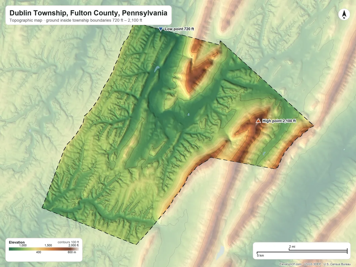 Topographic elevation map of Dublin Township, Fulton County, Pennsylvania, shaded from 720 ft on the north side to 2,100 ft on Sidneys Knob