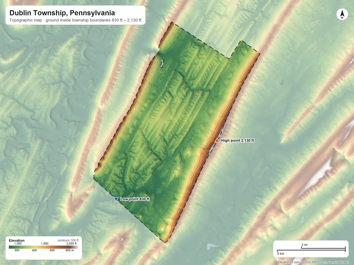 Topographic elevation map of Dublin Township, Pennsylvania, shaded from 830 ft on the southwest side to 2,130 ft on the southeast side