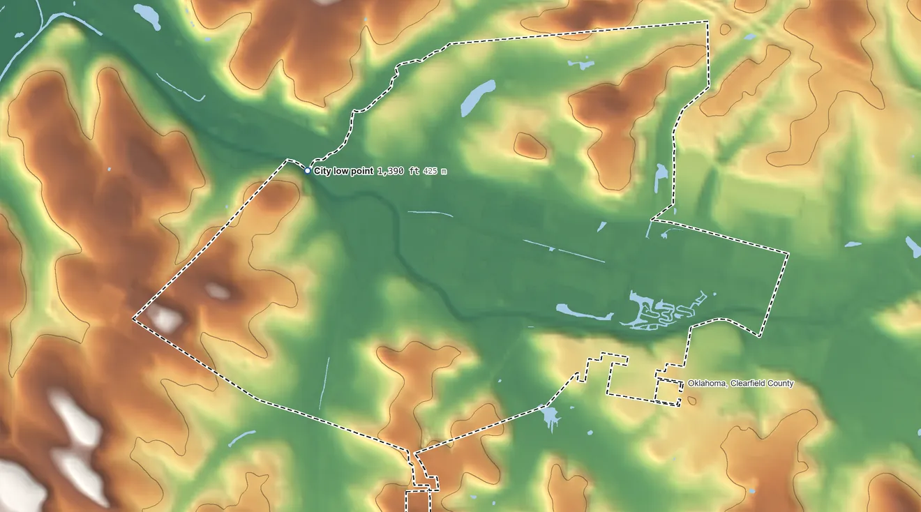 Topographic elevation map of DuBois, Pennsylvania, shaded from 1,390 ft on the northwest side to 1,620 ft on the south side