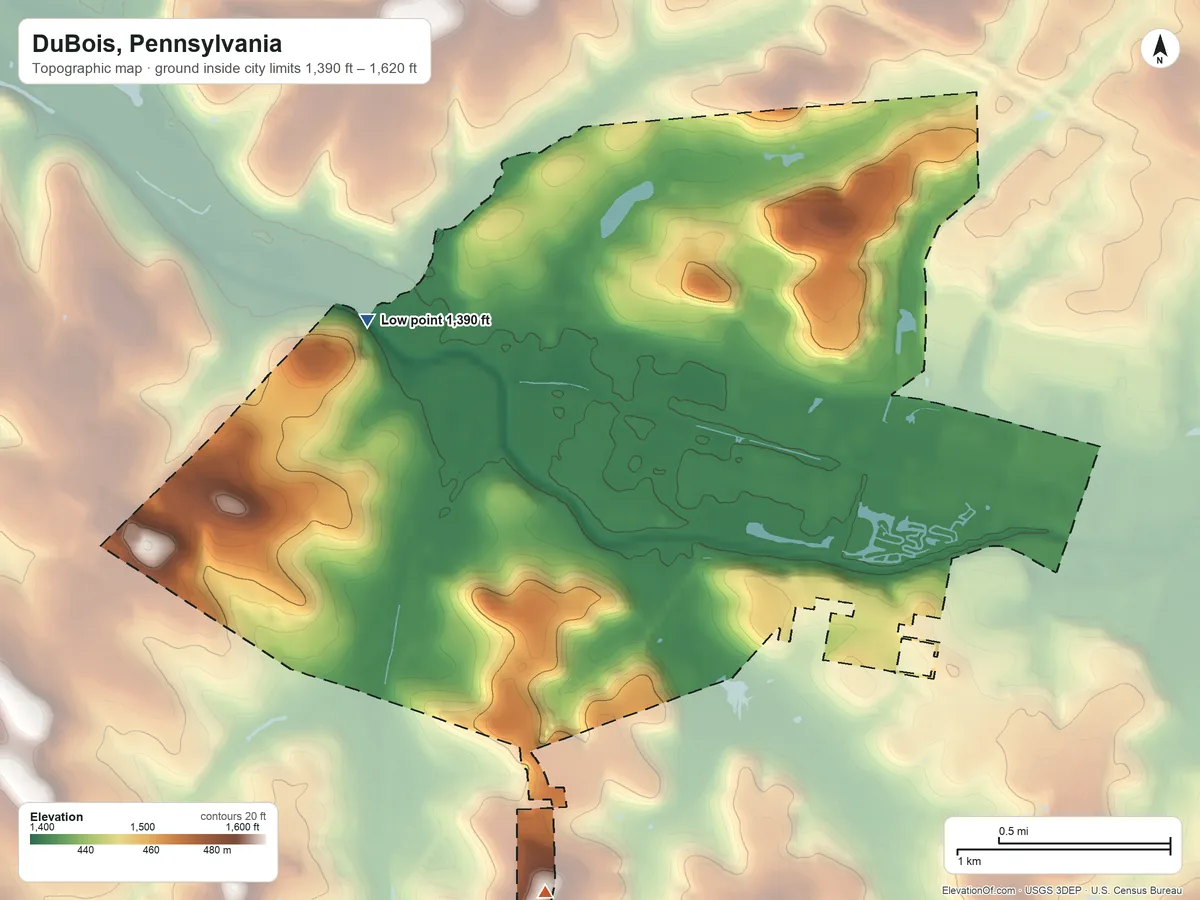 Topographic elevation map of DuBois, Pennsylvania, shaded from 1,390 ft on the northwest side to 1,620 ft on the south side