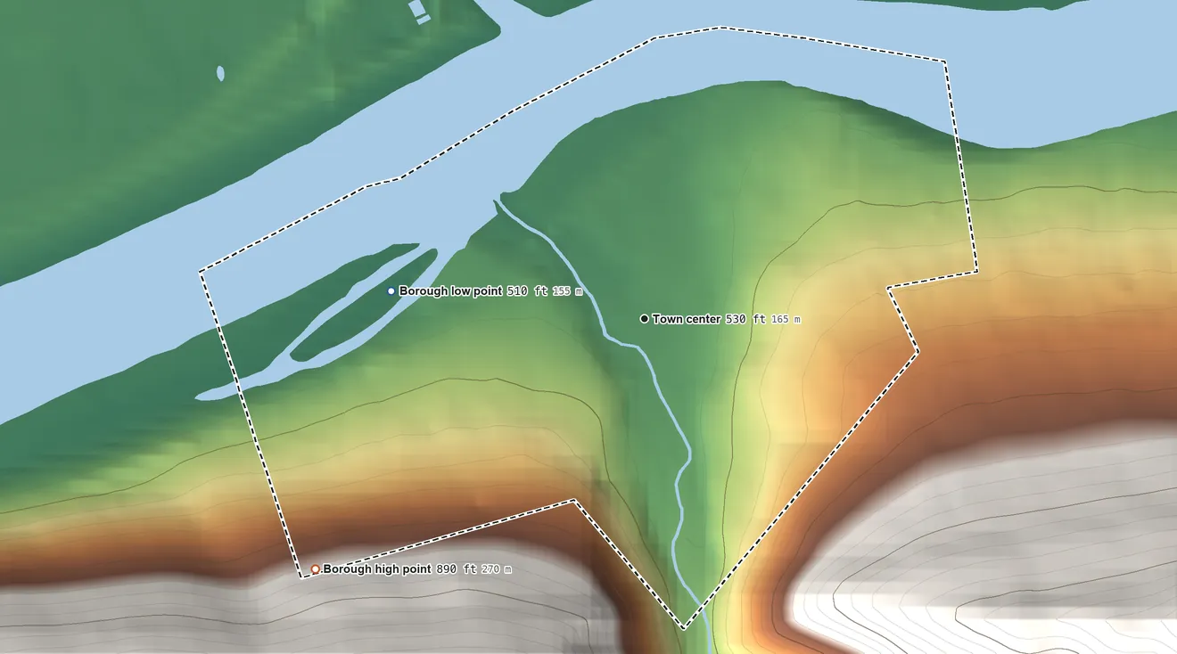 Topographic elevation map of Duboistown, Pennsylvania, shaded from 510 ft on the west side to 890 ft on the southwest edge, below higher ground just outside