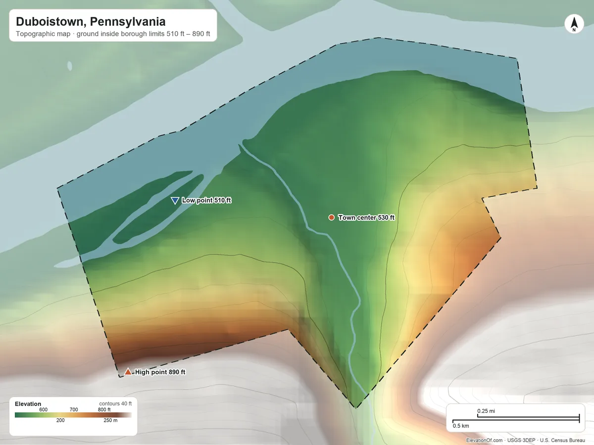 Topographic elevation map of Duboistown, Pennsylvania, shaded from 510 ft on the west side to 890 ft on the southwest edge, below higher ground just outside