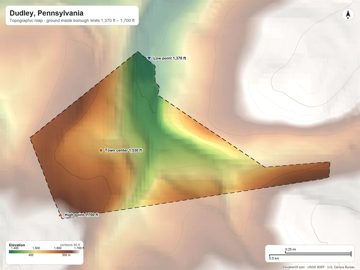 Topographic elevation map of Dudley, Pennsylvania, shaded from 1,370 ft on the northeast side to 1,700 ft on the southwest side